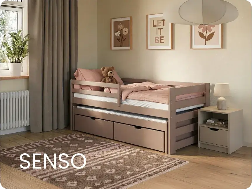 Łóżko pojedyncze w kolorze jasnej czekolady z dodatkowym, wysuwanym pokładem snu